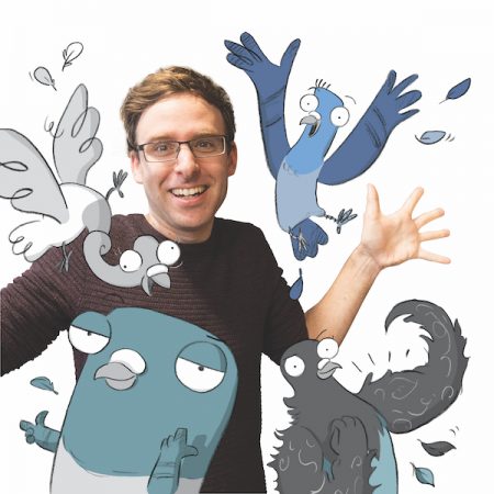 An image of author Andrew McDonald surrounded by the main characters from the Real Pigeons books