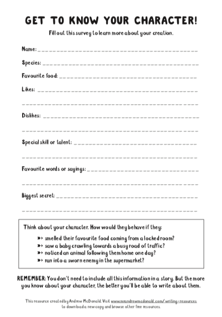 A small image of the 'Get to know your character' worksheet